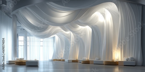 A dramatic interior space showcases a monumental, undulating white textile installation that dominates the scene. The installation mimics flowing fabric, creating 