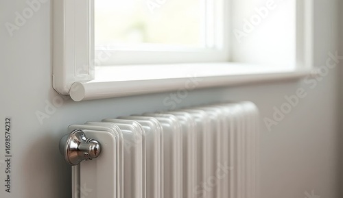 Wallpaper Mural Close-up of white radiator under window in modern interior, glossy vertical panels with metal valve visible. Perfect for home comfort, heating, interior design, and energy efficiency Torontodigital.ca