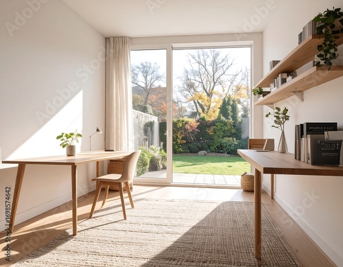 A bright, airy home office space with warm wooden furniture, showcasing a garden view and natural light.