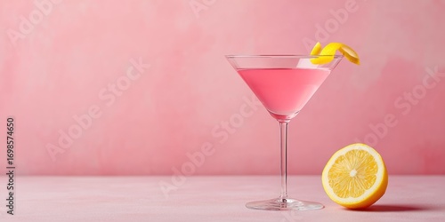 A pink martini glass sits elegantly on a light pink surface, garnished with a lemon twist and a lemon wedge. The glass is a classic, stemmed martini glass with a clear base and rim. A soft, 
