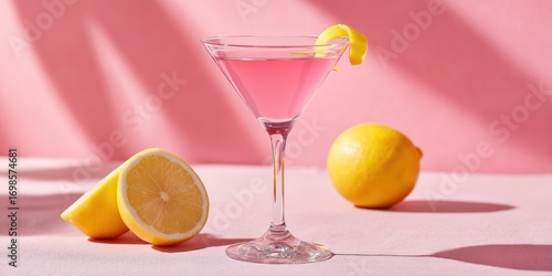 A pink martini glass sits elegantly on a textured pink surface, garnished with a lemon twist and a sliced lemon. The glass is filled with a vibrant pink liquid. Two whole lemons rest beside the glass