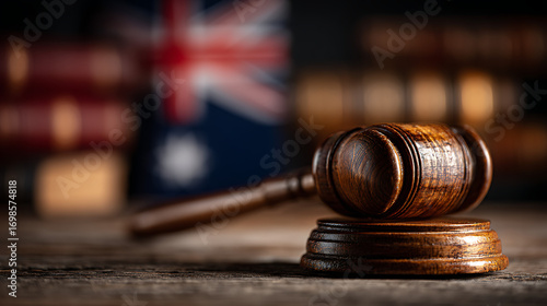 wooden gavel and law books on courtroom table with australian flag symbolizing justice legal system courtroom scene trial case judge decision and lawyer office