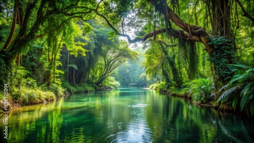 Serene River Winding Through Lush, Verdant Canopy of Tropical Rainforest