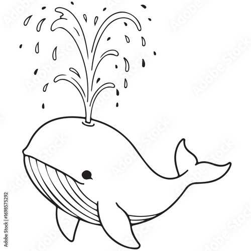 Cute Cartoon Whale Spouting Water Outline Illustration