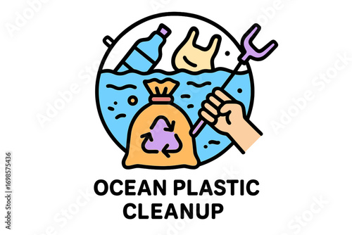 Ocean plastic cleanup illustration with hand holding trash picker