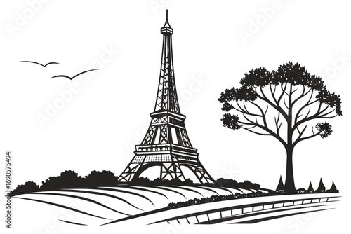 Eiffel tower silhouette with tree and birds