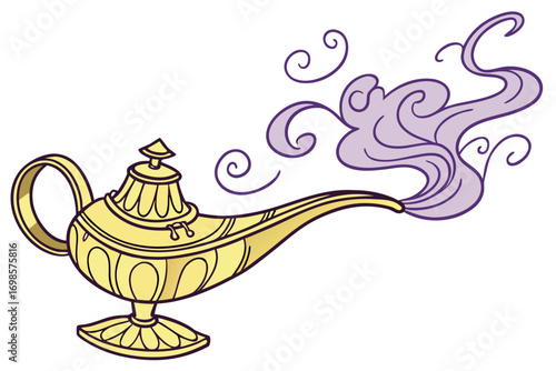 Magical genie lamp releasing swirling purple smoke