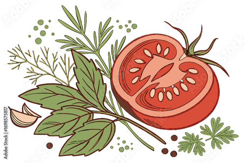 Fresh tomato and herbs illustration with garlic and peppercorns