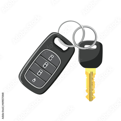 Realistic illustration of a car ignition key and a remote central locking fob on a keyring, symbolizing vehicle ownership and modern security