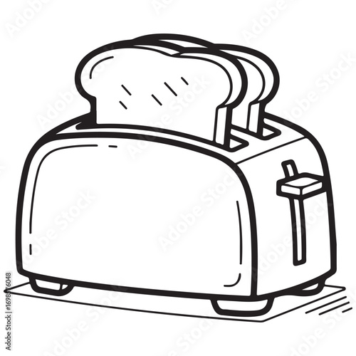 Black and White Line Art Illustration of a Toaster with Bread Slices