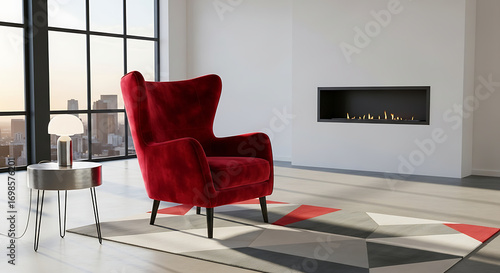 An interior design image featuring a single, classic red velvet wingback chair as a statement piece.