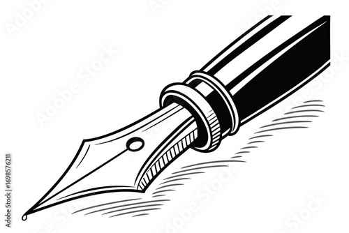 Classic fountain pen nib with ink droplet and shadow