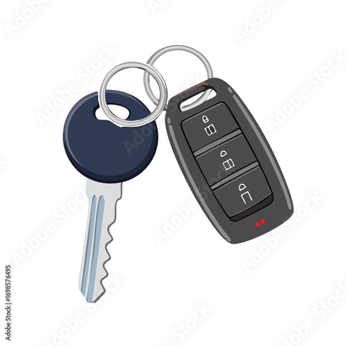 Modern car key with remote control fob for vehicle ignition and alarm system. Concept of automobile ownership, security, access, and daily mobility