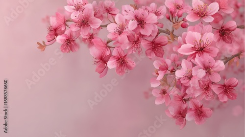 Wallpaper Mural A delicate branch of pink cherry blossoms gracefully drapes across the right side of the image, its petals softly illuminated against a blurred, pale pink background. The blossoms are in full bloom,  Torontodigital.ca