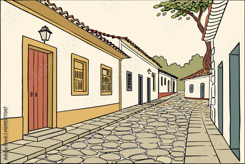 Charming cobblestone street lined with traditional buildings and lush trees