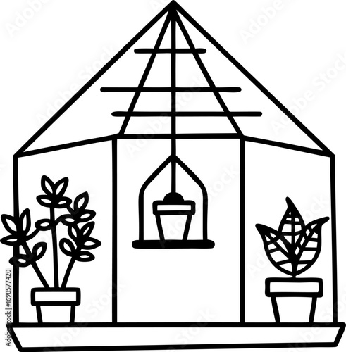 Mini greenhouse with hanging plants and tiny ladder isolated vector, Decorative terrarium illustration, Small garden plant enclosure artwork, Line art of miniature greenhouse with plants