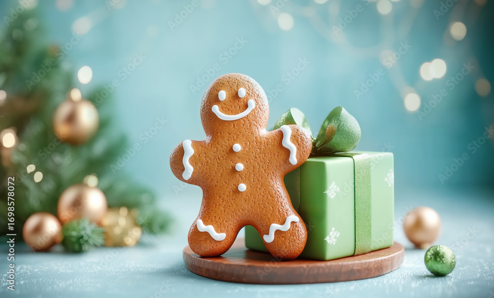 Fototapeta premium New Year decor gingerbread man Christmas cookie green gift box on a blue background, text 