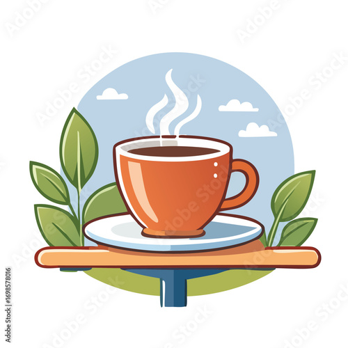 An inviting orange cup of steaming hot coffee on a saucer, nestled among fresh green leaves, representing a peaceful morning ritual or a relaxing break