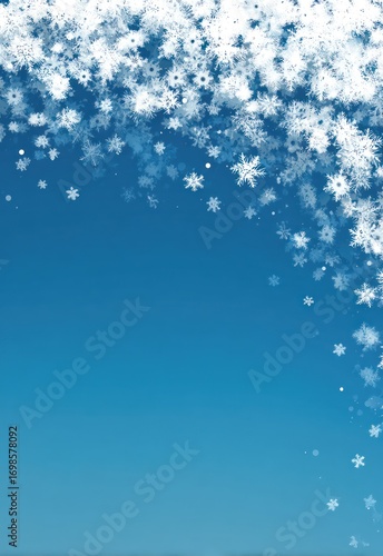 A dark blue background transitions into a lighter, gradient blue, adorned with numerous white snowflakes that appear to be falling or swirling downwards. 