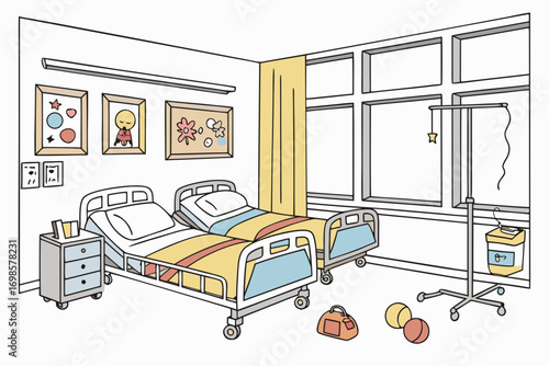 A cheerful hospital room with two beds and colorful decorations