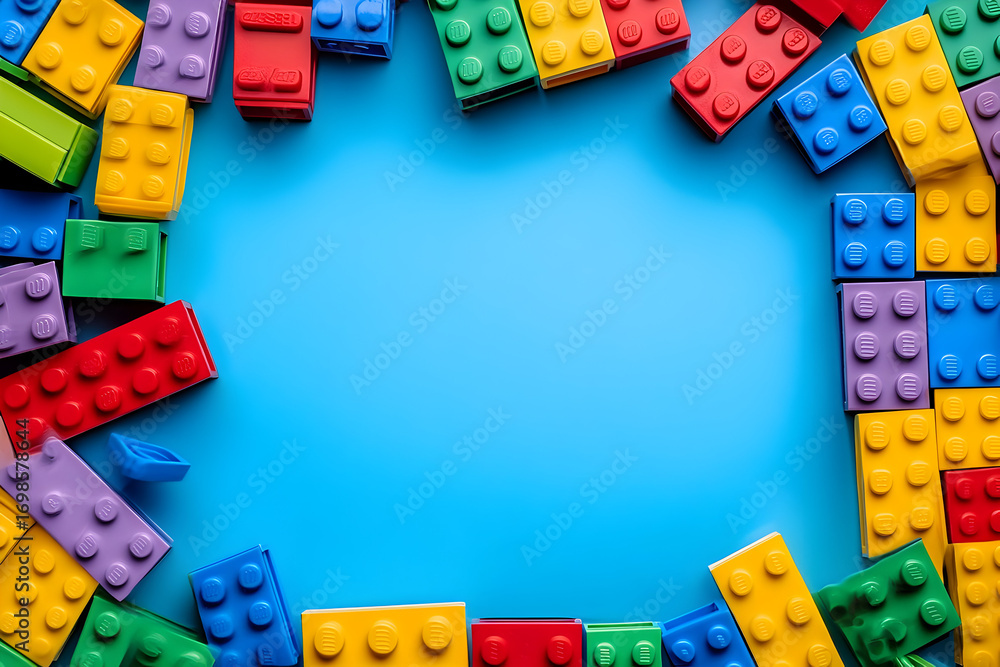 Naklejka premium Colorful lego style block frame on blue background for creative design
