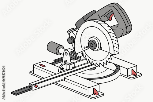 Illustration of a compound miter saw with a wooden board