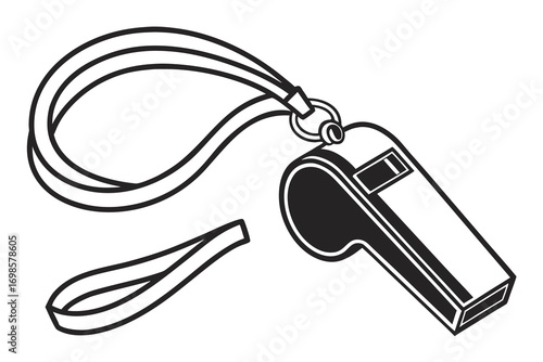 Black and white illustration of a whistle with a lanyard