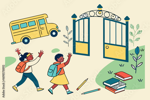Children excitedly arrive at school by bus and gate