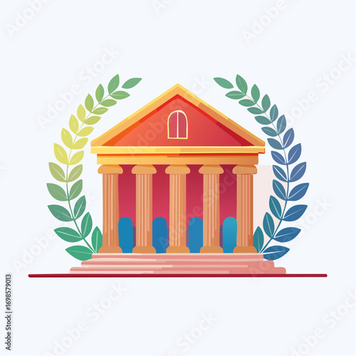 Abstract architectural facade with ionic columns and laurel wreath in gradient colors