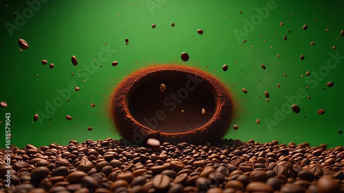 A dynamic burst of roasted coffee beans explodes from a rich, dark powder creating a mesmerizing, energetic moment.