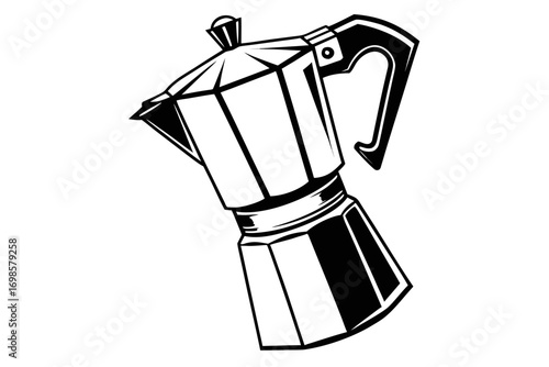 Black and white illustration of a classic moka pot coffee maker