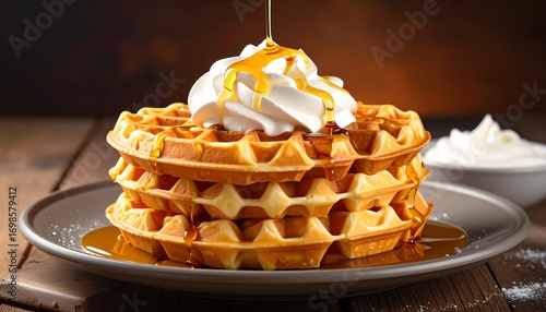 Stacked waffles topped with whipped cream and syrup