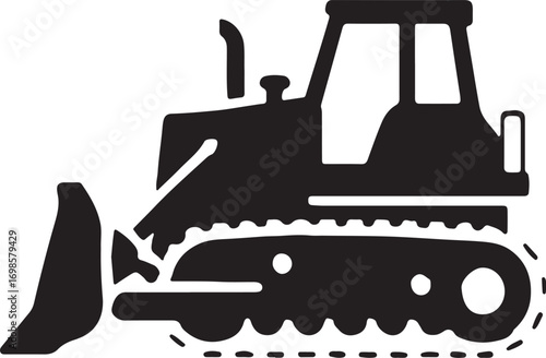 Powerful black and white bulldozer illustration, heavy machinery, construction equipment, industrial design.