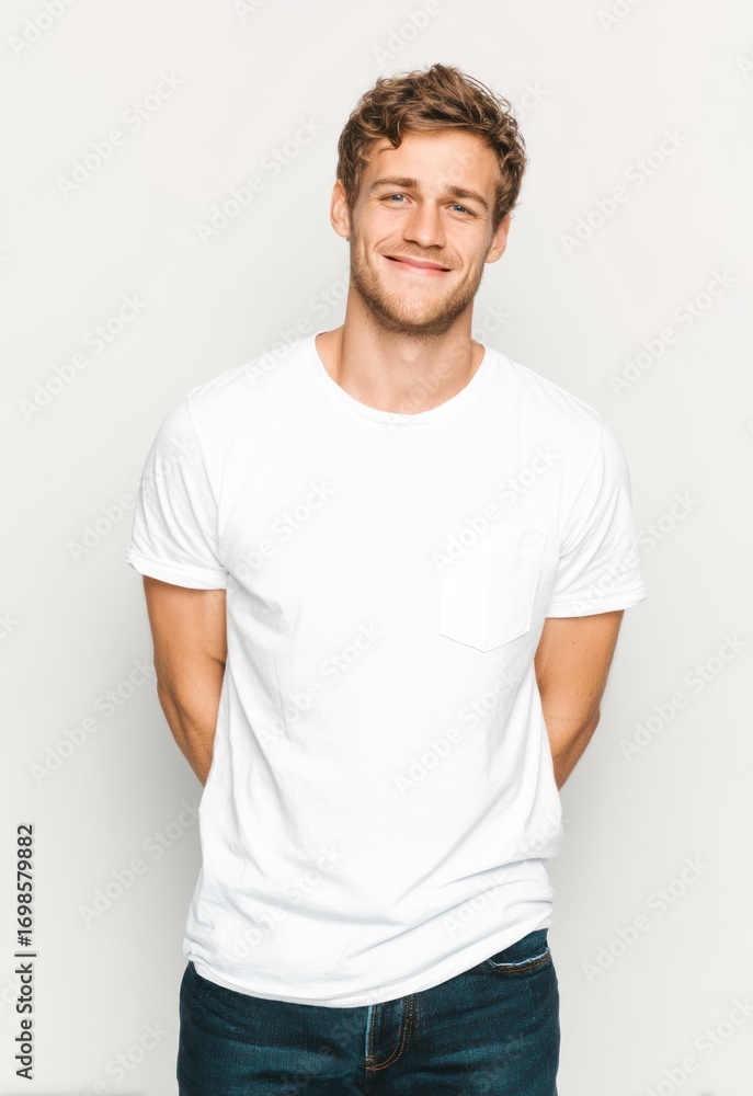 Obraz premium A young man stands confidently against a plain white background, smiling warmly at the viewer. He wears a simple white t-shirt with a pocket and dark wash jeans. His hair is tousled 