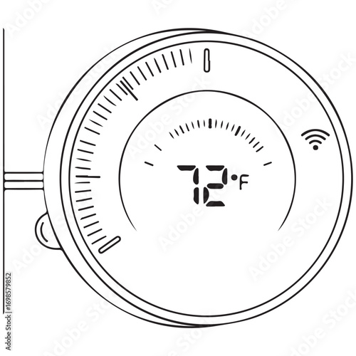 Line Art Illustration of a Modern Circular Digital Thermostat Displaying Temperature and Wireless Status