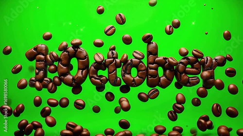 A vibrant green backdrop highlights a playful formation of coffee beans spelling out '10 October', with scattered beans adding dynamic energy.