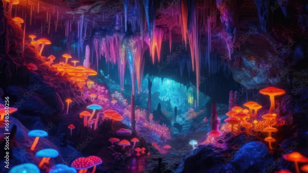 Fototapeta premium Vibrant cave with glowing mushrooms