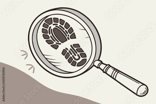 Magnifying glass examining shoe print and footprints