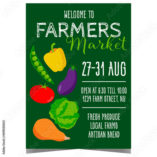 Farmers market banner or invitation poster that captures locally grown organic vegetables. Promo leaflet or flyer inviting shoppers and vendors to the fresh and healthy products marketplace.