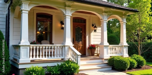 Elegant craftsman-style porch with intricate woodwork, decorative brackets, and a classic railing Perfect for home design, architectural inspiration, and real estate marketing , home exterior, wood