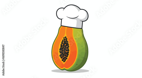 A sliced papaya wearing a chefs hat