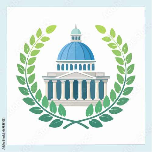 Academic building with laurel wreath emphasizing higher education and scholarly achievements