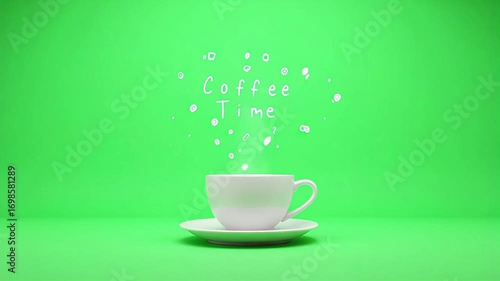 A warm cup of coffee with steam rising and whimsical drawings above, inviting a moment of relaxation.
