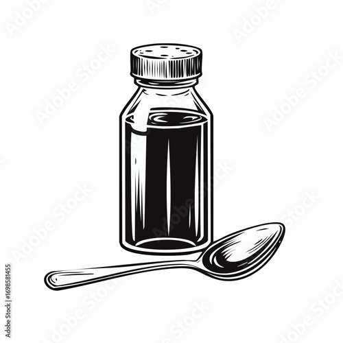 Vintage Medicinal Bottle and Spoon Retro Health Elixir and Dosage Tool