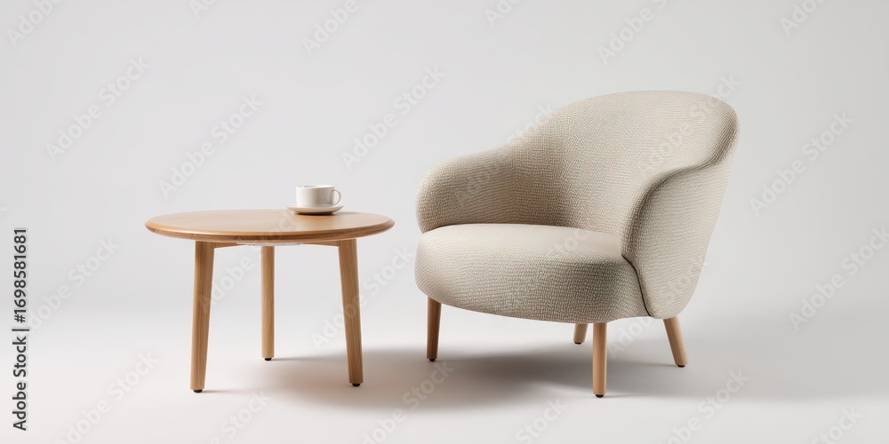 Fototapeta premium A softly lit, minimalist interior scene features a comfortable armchair and a small side table. The armchair is upholstered in a textured, beige fabric with rounded edges and a deep seat.