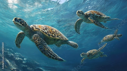 an underwater marine scene with four sea turtles swimming in close proximity to each other