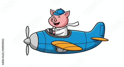 Happy pig pilot flying a blue airplane