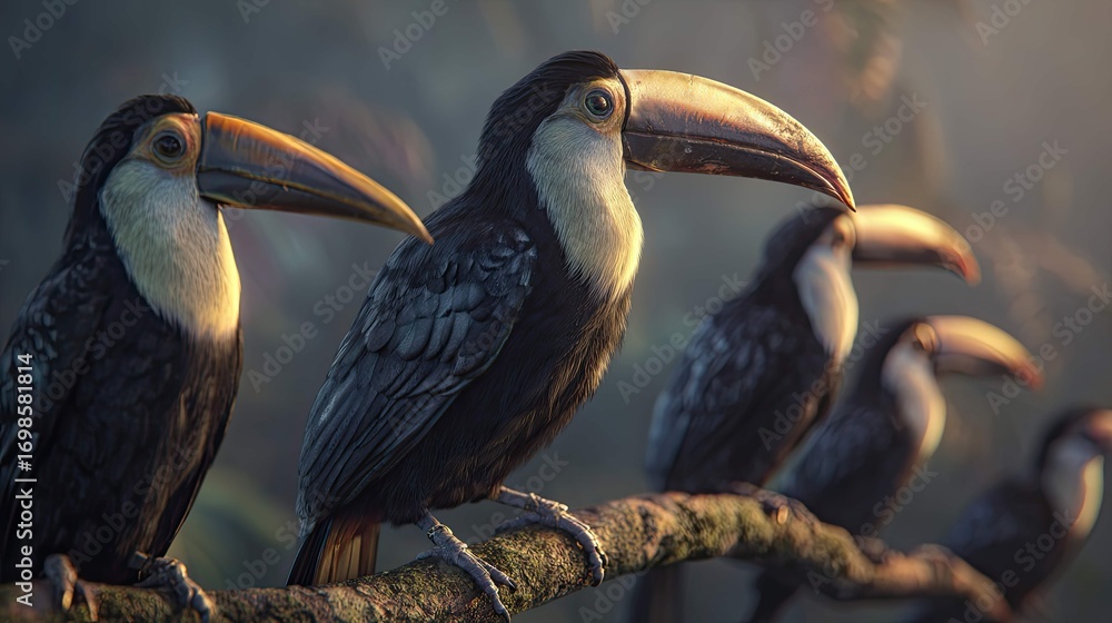 Fototapeta premium three bird like characters with distinctive beaks and feathers standing in a line, perched atop what appears to be a log or branch