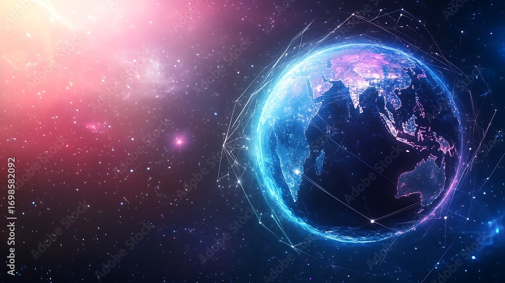 Fototapeta premium Abstract digital earth with glowing network connections, symbolizing global communication, technology, and futuristic vision in space