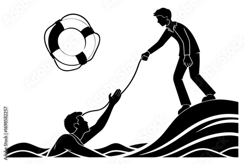 Man in suit throws rope to person drowning in water